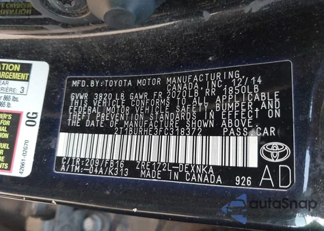2015 Toyota Corolla Le from USA, damaged, VIN 2T1BURHE3FC318372